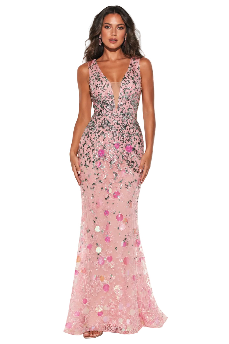 Tarik Ediz 54085 Metallic Pink Sequin Mesh Evening Gown – Size Medium